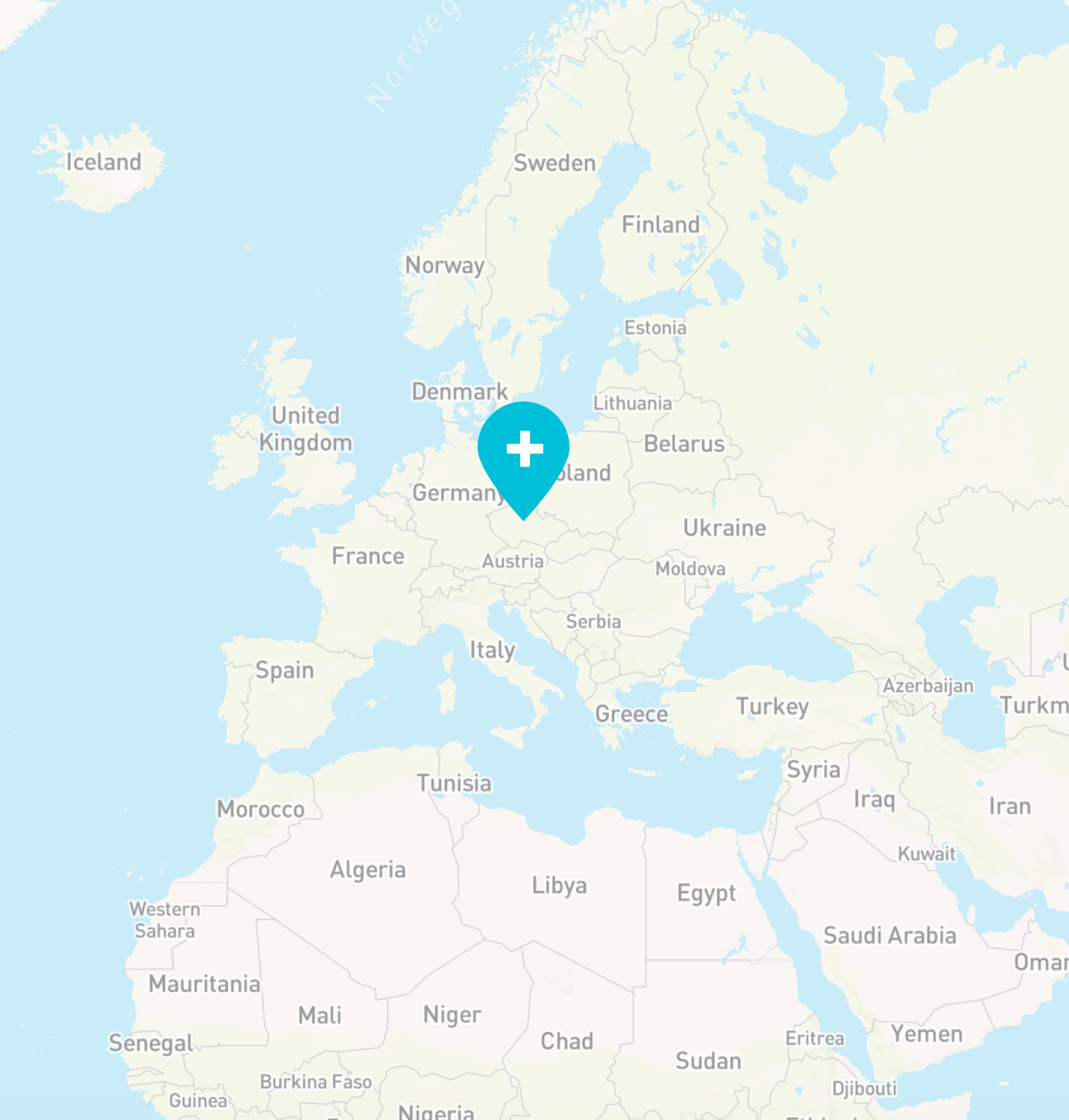 A minimalist map of Europe with an Invity blue pin marking Prague, Czech Republic